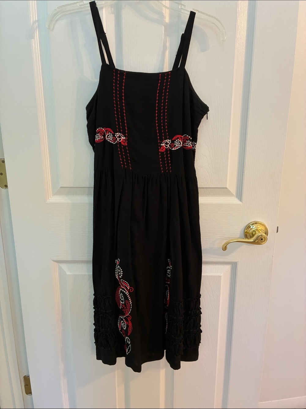 Black Midi adjustable -Strap Dress with Red and white Embroidery